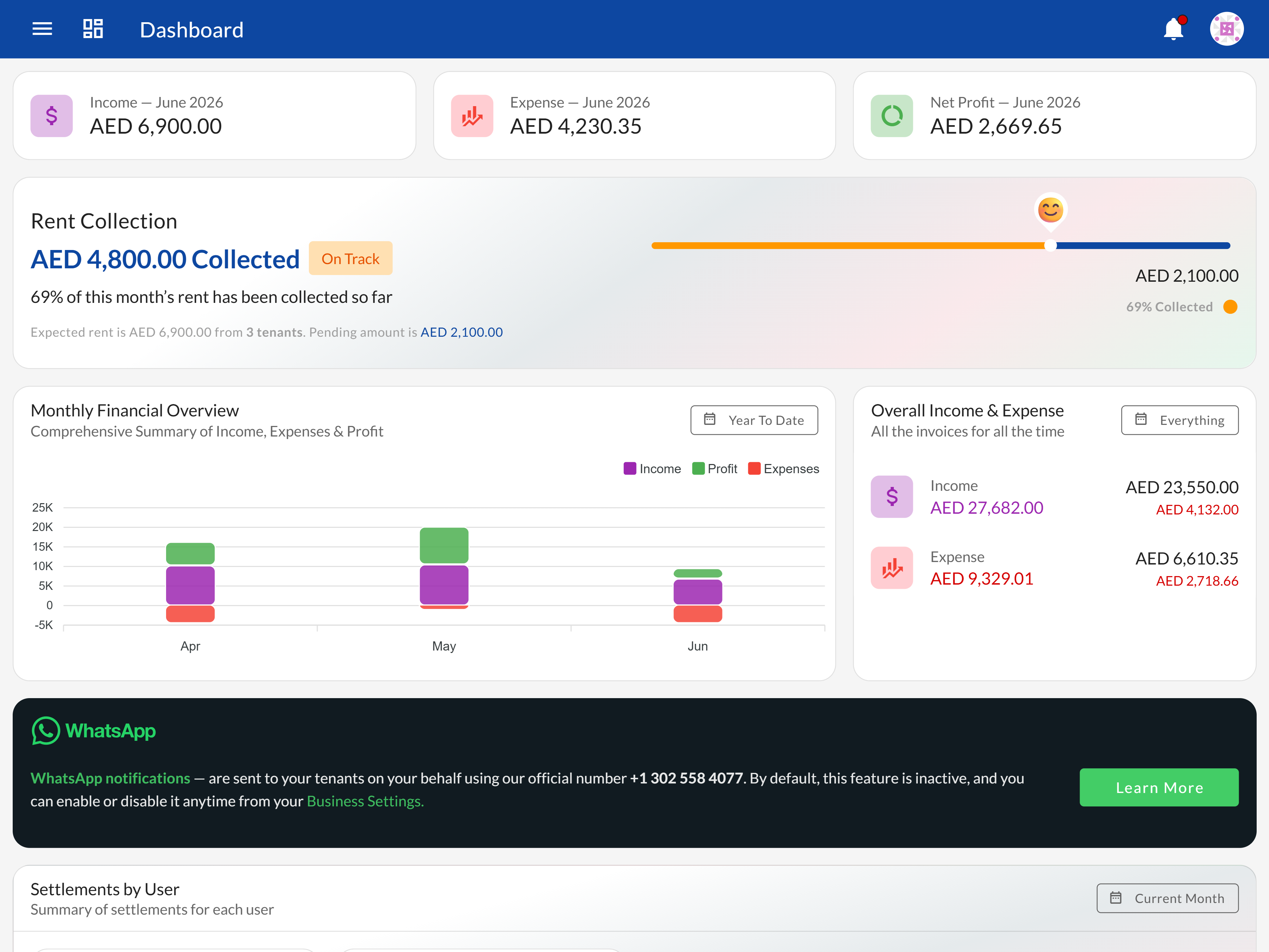Bedspace Manager dashboard showing occupancy, revenue, and recent activity