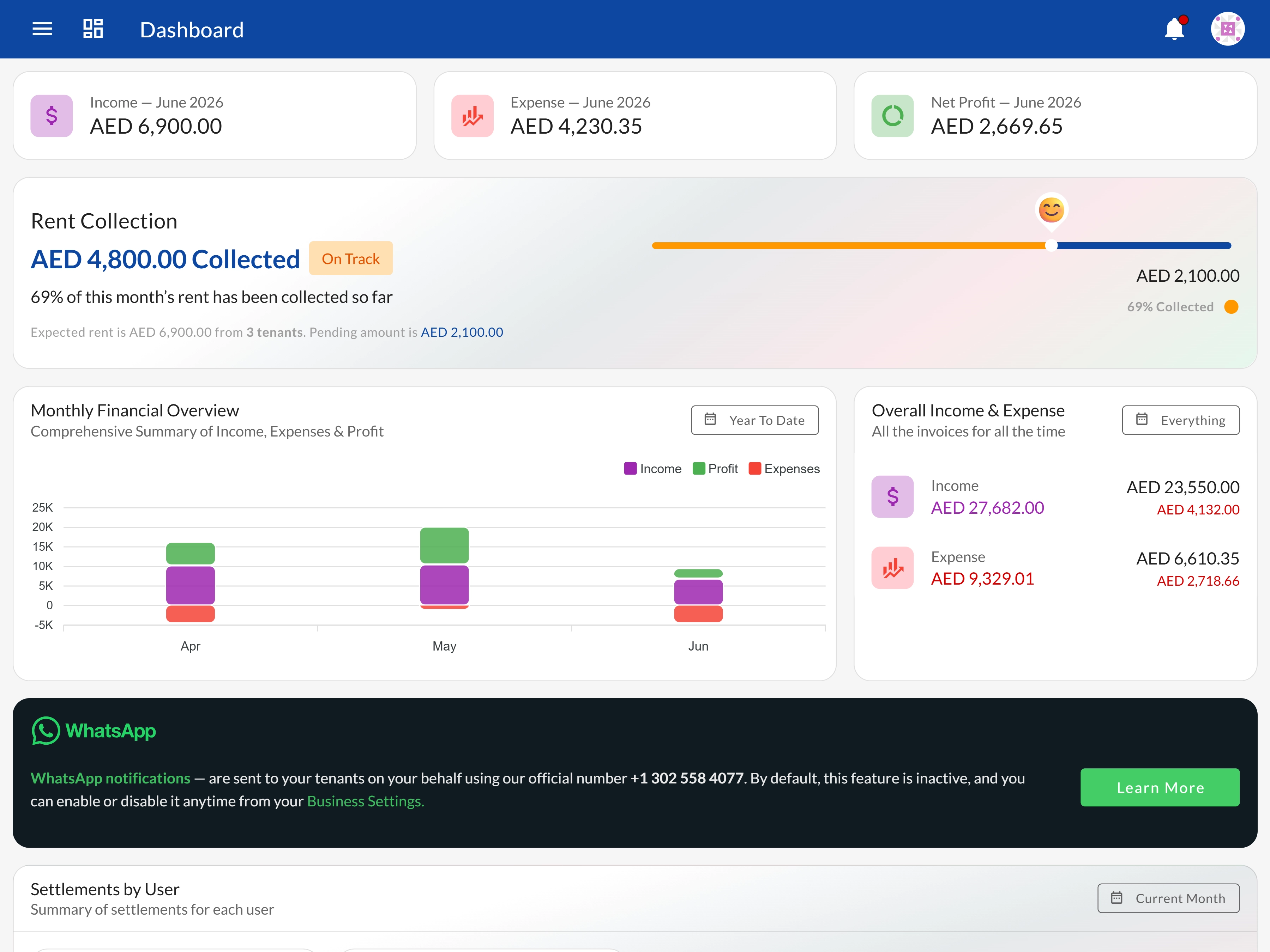 Bedspace Manager dashboard showing occupancy, revenue, and recent activity