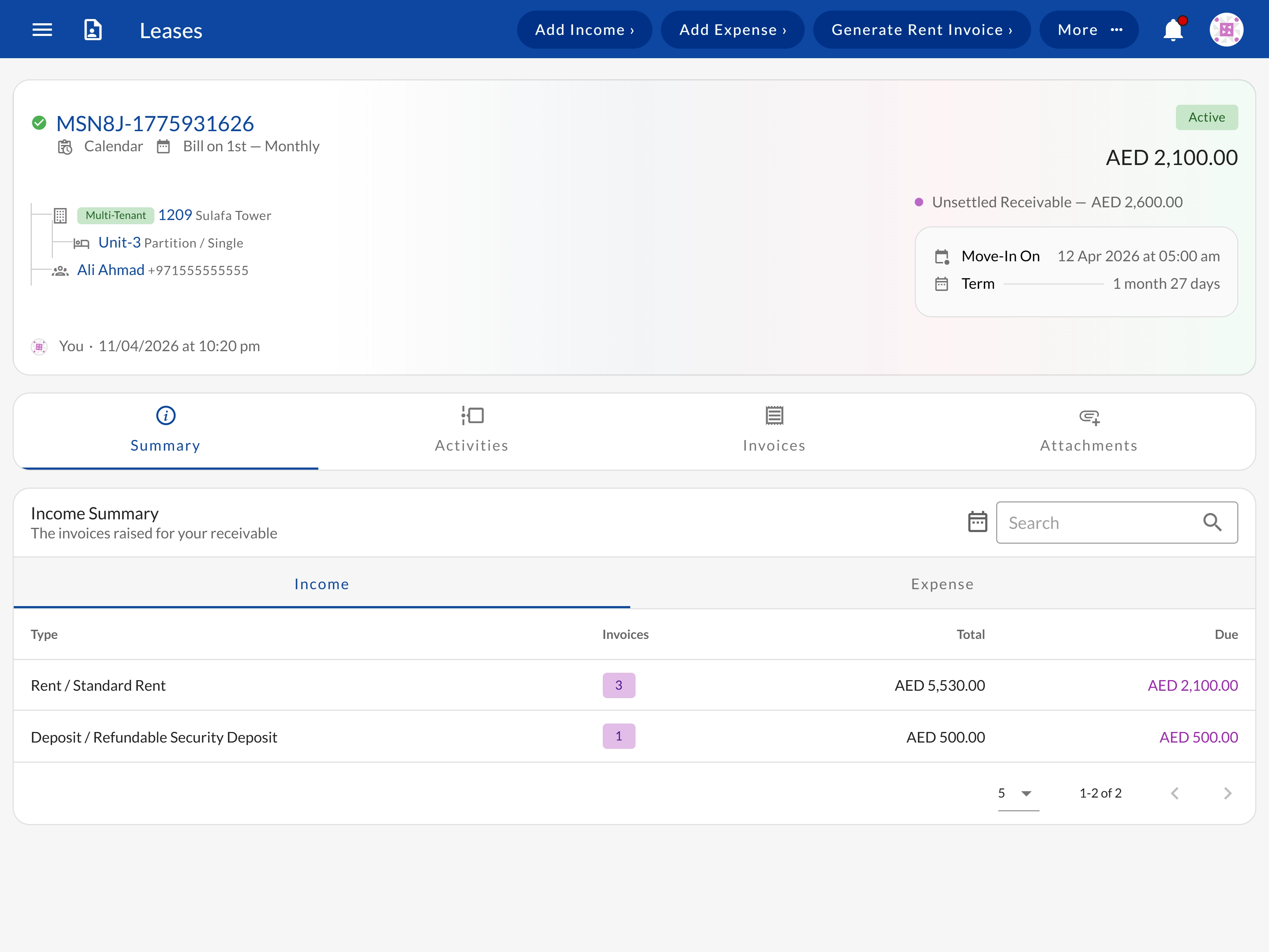Lease management view showing active leases with billing type and dates