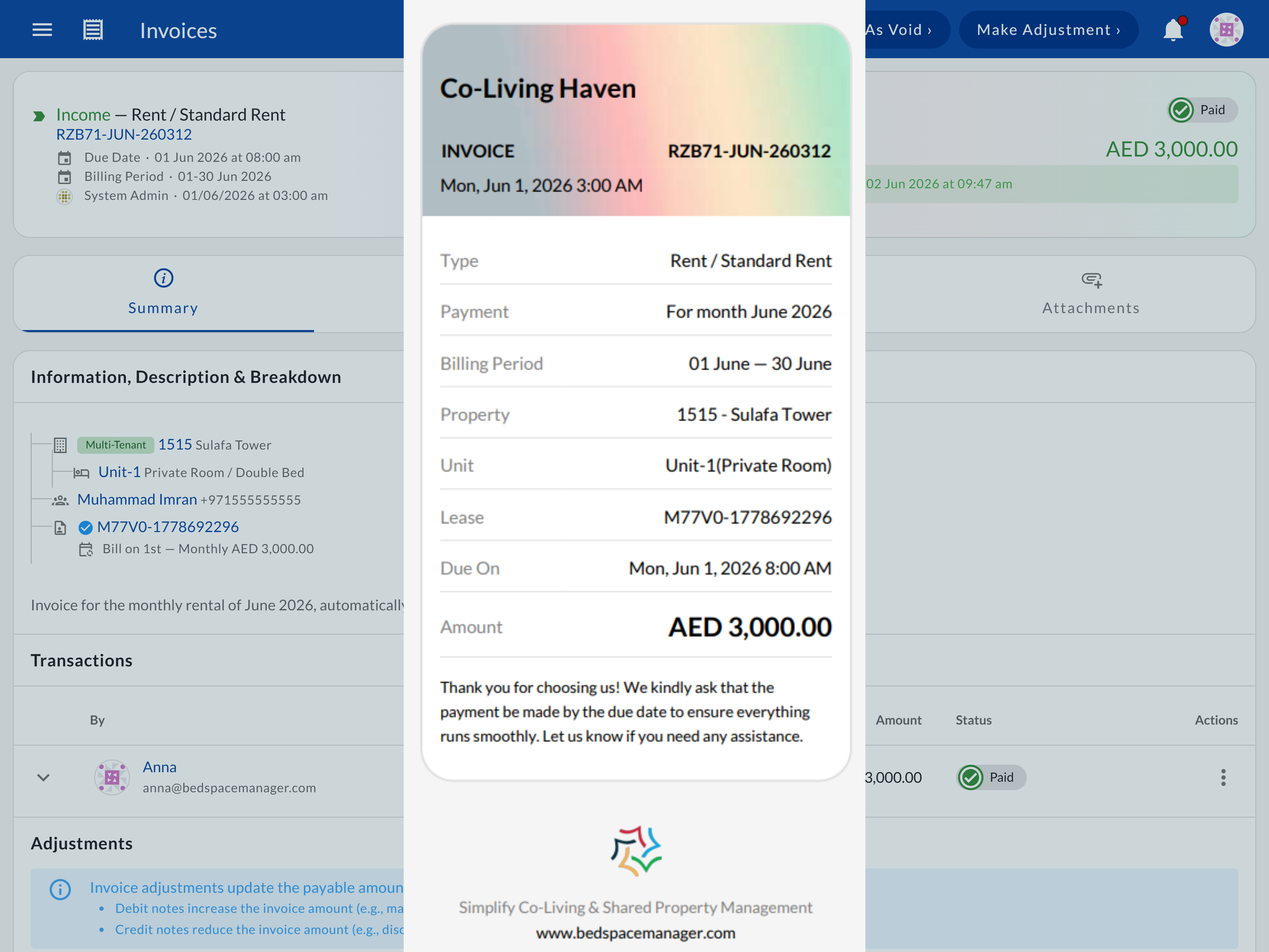 Invoice page showing a generated branded PDF invoice ready for WhatsApp delivery